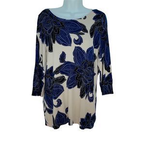 Roz & Ali Mala Dreams Ivory and Blue Soft Cozy Sweater Women’s Size L